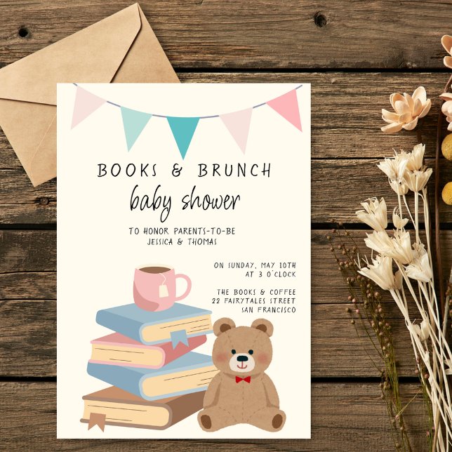 Books & Brunch Neutral Books & Teddy Baby Shower Invitation (Creator Uploaded)