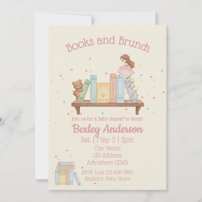 Books & Brunch Pink Baby Shower Invitation (Front)