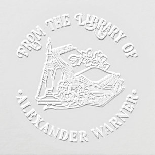 Books, Candle and Leaves Round Library Book Name Embosser