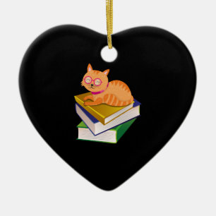 Books - Cat and Books Book Lover Gift Ceramic Ornament