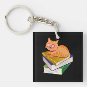 Books - Cat and Books Book Lover Gift Keychain