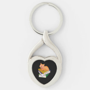 Books - Cat and Books Book Lover Gift Keychain
