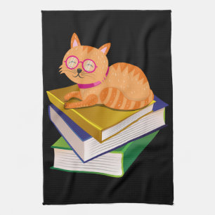 Books - Cat and Books Book Lover Gift Kitchen Towel