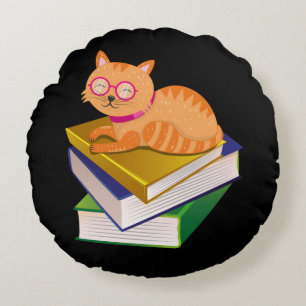 Books - Cat and Books Book Lover Gift Round Pillow