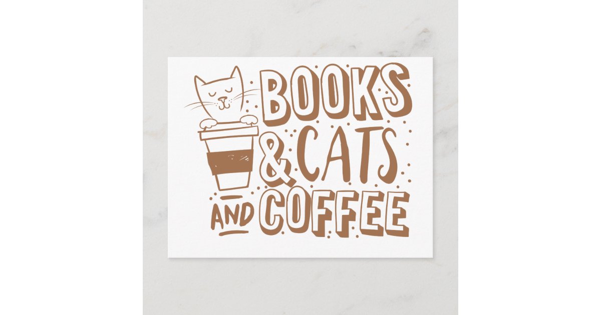 books cats and coffee postcard