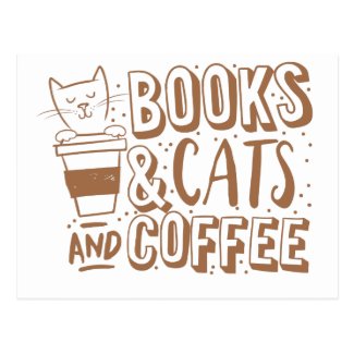 books cats and coffee postcard