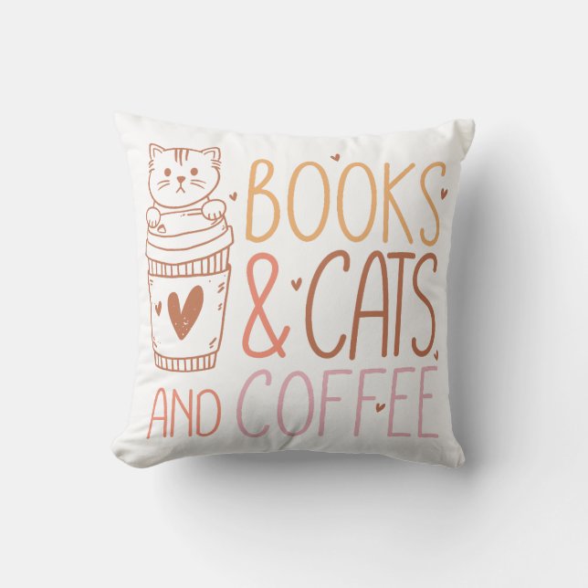 Books Cats Coffee Throw Pillow (Front)