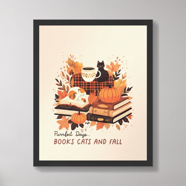Books, Cats & Fall Poster – Cozy Autumn Wall Art (Framed Front)