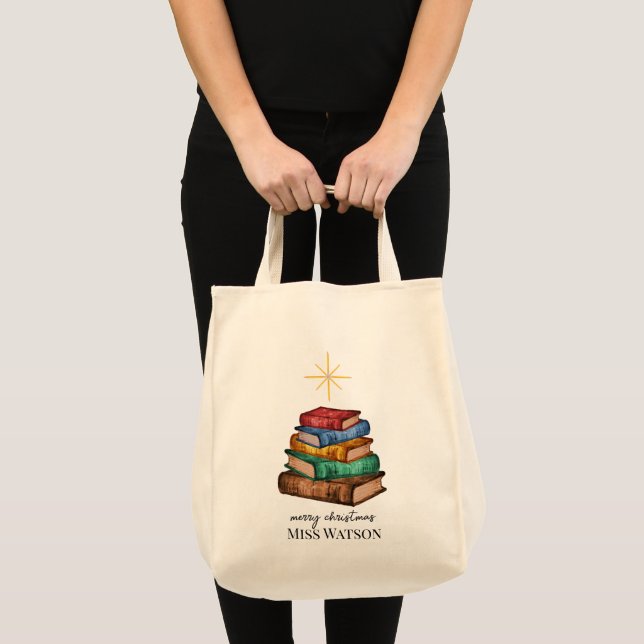 Books Christmas Tree Teacher Personalized Tote Bag (Front (Product))