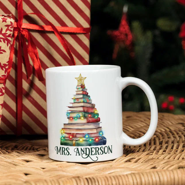Books Christmas Tree Teachers Book Lovers Name Coffee Mug (Creator Uploaded)