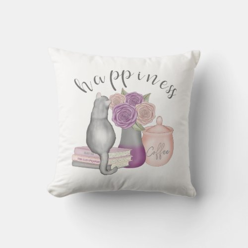 Books Coffee and Cats Happiness Throw Pillow