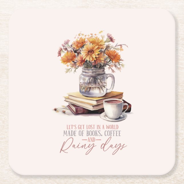 Books, Coffee and Rainy Days Square Paper Coaster (Front)
