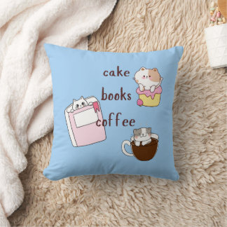 Books Coffee Cats Throw Pillow