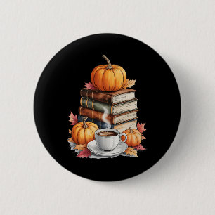 Books Coffee Fall Leaves And Pumpkins Vintage Libr Button