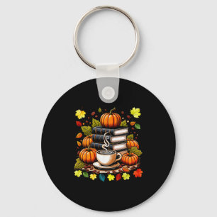 Books Coffee Fall Leaves And Pumpkins Vintage Libr Keychain