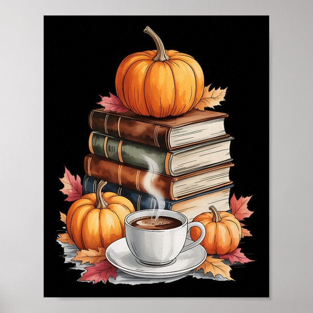 Books Coffee Fall Leaves And Pumpkins Vintage Libr Poster (Front)