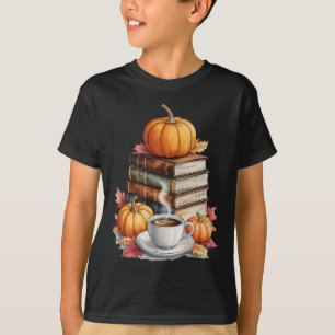 Books Coffee Fall Leaves And Pumpkins Vintage Libr T-Shirt