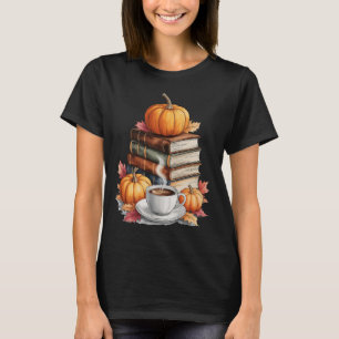 Books Coffee Fall Leaves And Pumpkins Vintage Libr T-Shirt