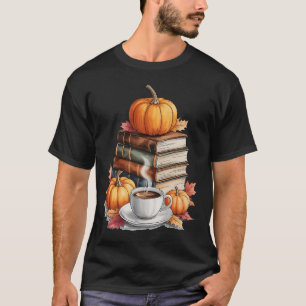 Books Coffee Fall Leaves And Pumpkins Vintage Libr T-Shirt