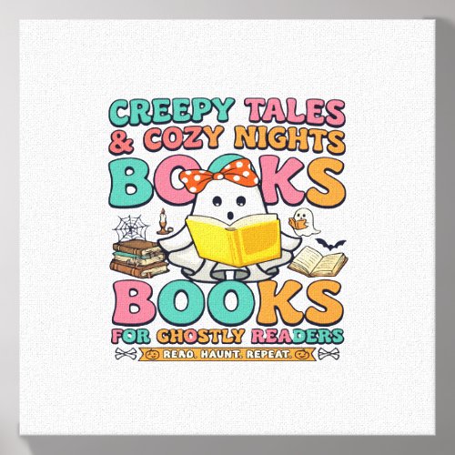 Books Creepy Tales Ghost Reading Spider Web Bats Canvas Photo Tile