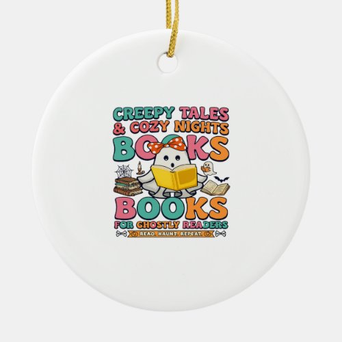 Books Creepy Tales Ghost Reading Spider Web Bats Ceramic Ornament