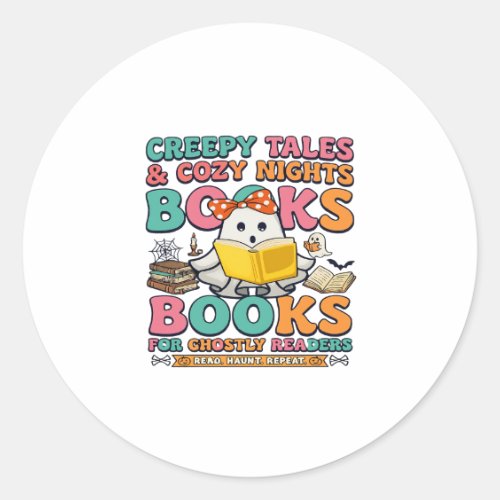 Books Creepy Tales Ghost Reading Spider Web Bats Classic Round Sticker