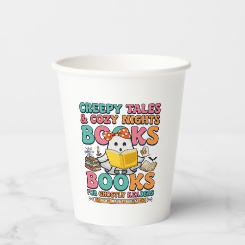 Books Creepy Tales Ghost Reading Spider Web Bats Paper Cups