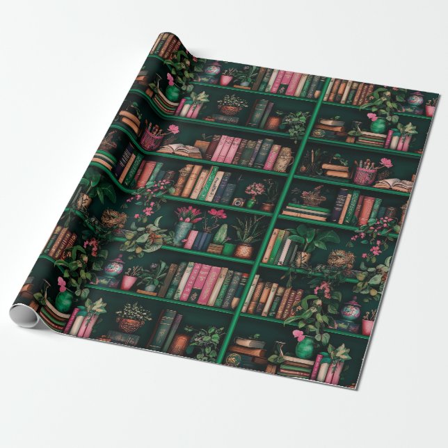 Books Decors Plants on Green Shelf Gift Wrapping Paper (Unrolled)