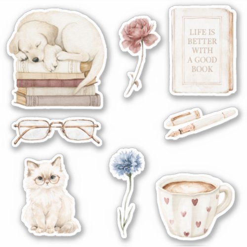 Books Dog Cat Flowers Sticker
