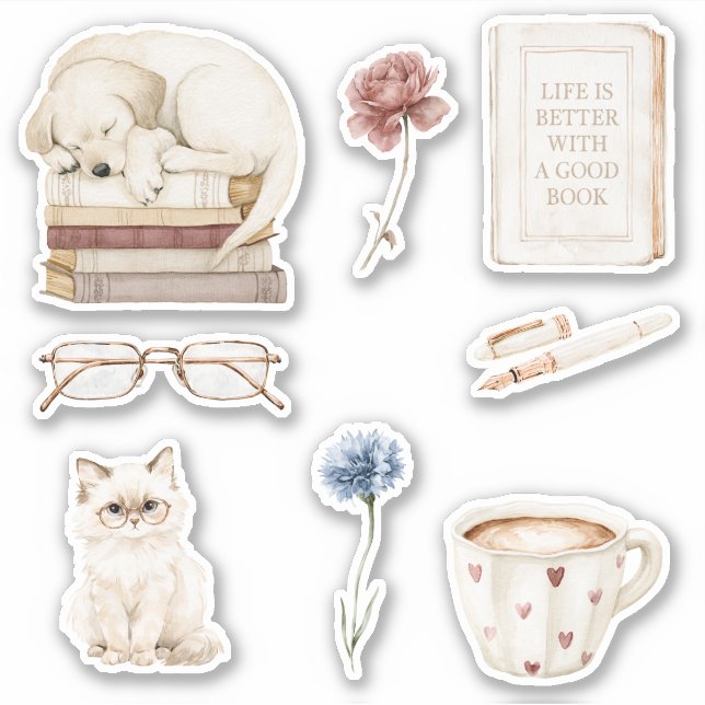 Books Dog Cat Flowers Sticker (Front)