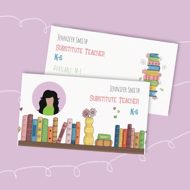 Books Educator White Business Card with Photo (Watercolor art educator white double-sided business card with photo . )