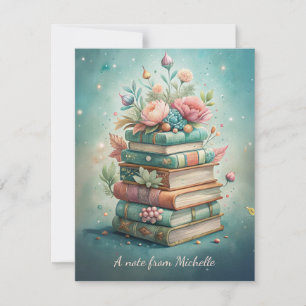 Books Floral Cottage Core Teal Pink Note Card