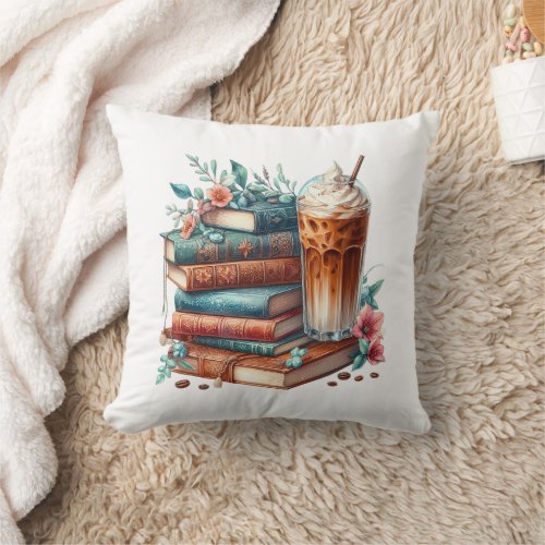 Books Flowers and Iced Coffee Reading Nook Throw Pillow