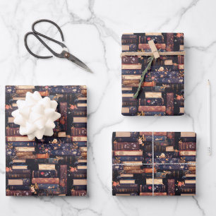 Books & Flowers on Black Wrapping Paper Sheets