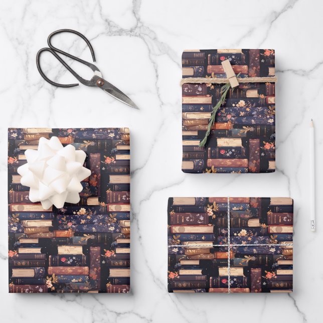 Books & Flowers on Black Wrapping Paper Sheets (Front)