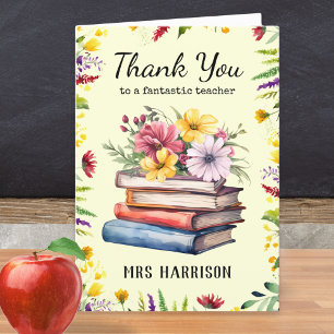 Books Flowers Pretty Personalized Teacher  Letterpress Thank You Card