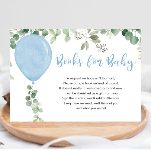 Books for baby boy blue balloons eucalyptus enclosure card