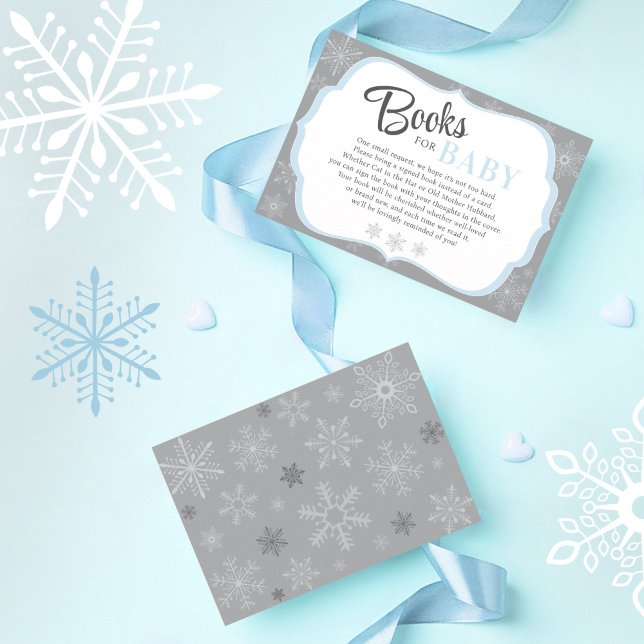 Books for Baby Boy Blue & Gray Snowflake Winter Enclosure Card (Books for Baby boy poem enclosure / insert card, blue gray, Baby It's Cold Outside, Snowflake Invite)