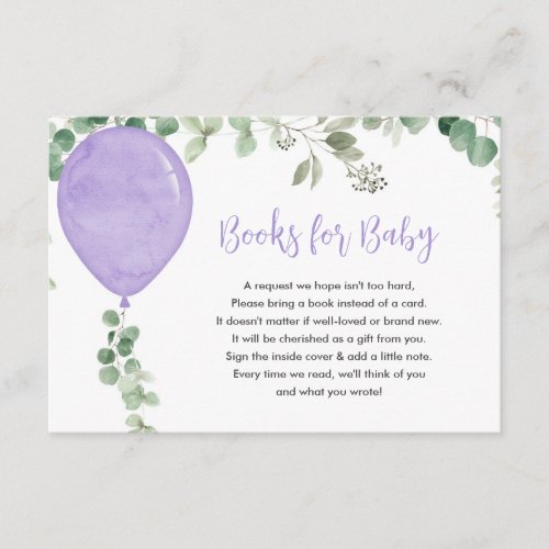 Books for baby girl purple balloon eucalyptus enclosure card