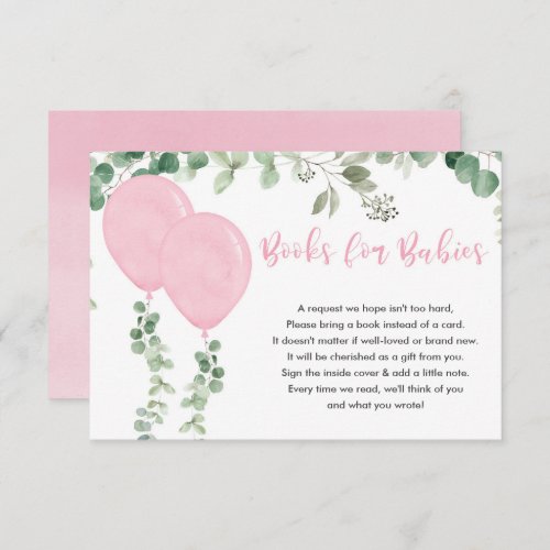 Books for baby girl twins pink balloons eucalyptus enclosure card