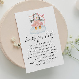 Books for Baby Girl with Pink Penguin. Baby Shower Enclosure Card