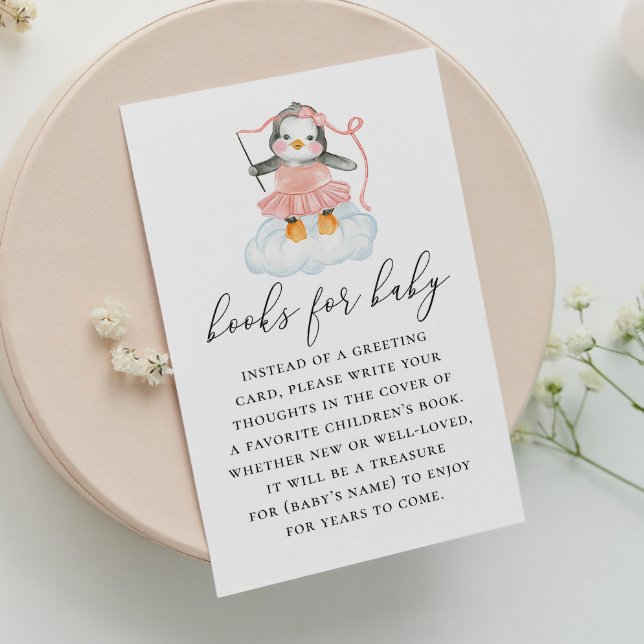 Books for Baby Girl with Pink Penguin. Baby Shower Enclosure Card (Creator Uploaded)