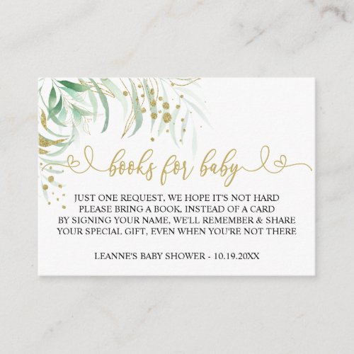 Books for Baby Greenery Green and Gold Baby Shower Enclosure Card