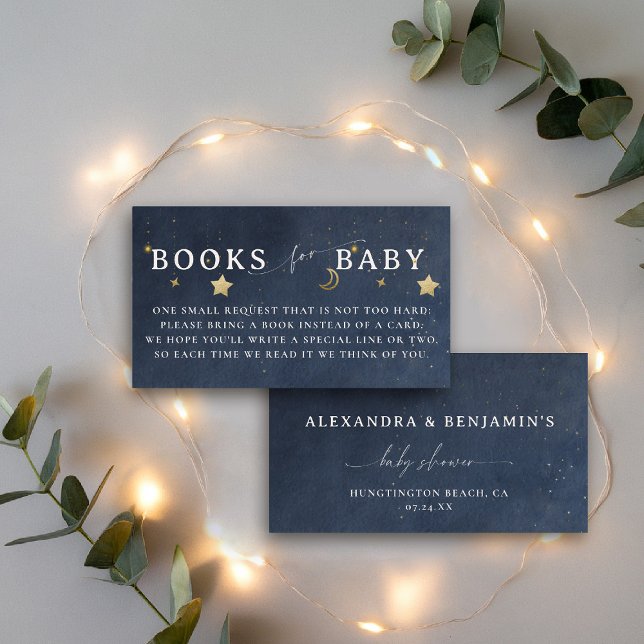 Books For Baby Moon Starry Night Navy Blue Stars Enclosure Card (over the moon baby shower books insert navy gold stars mobile celestial twinkle starry night)