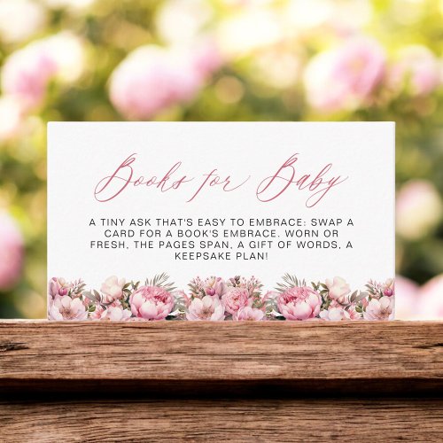 Books for Baby Pink Floral Peony Baby Shower Enclosure Card