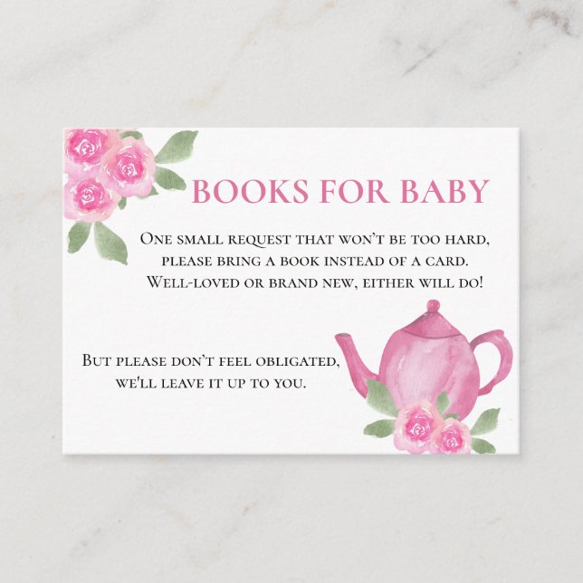 Books for Baby Pink Floral Teapot Baby Shower Enclosure Card (Front)