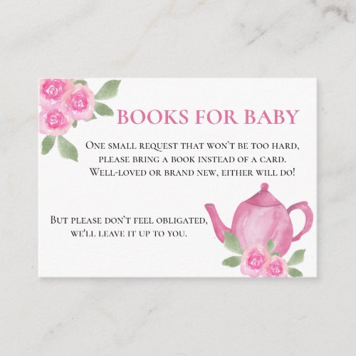 Books for Baby Pink Floral Teapot Baby Shower Enclosure Card