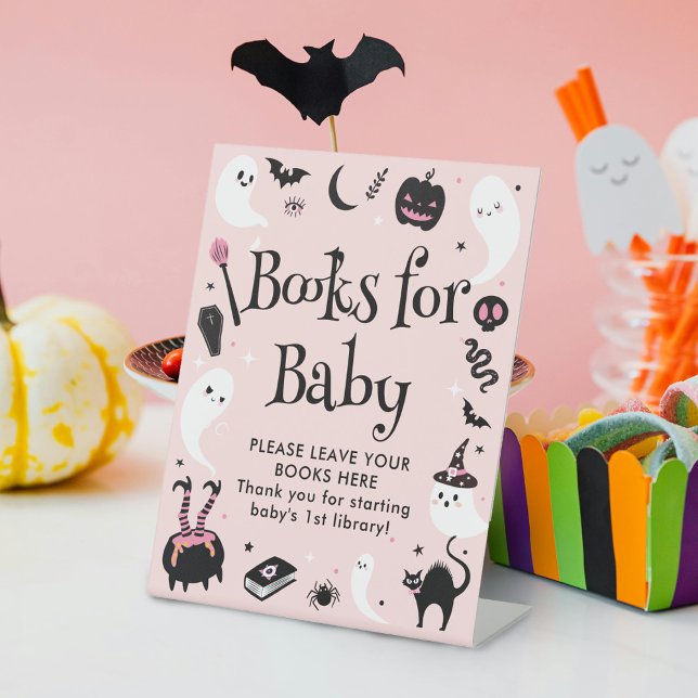  Books for Baby Pink Halloween Baby Shower Pedestal Sign (Creator Uploaded)
