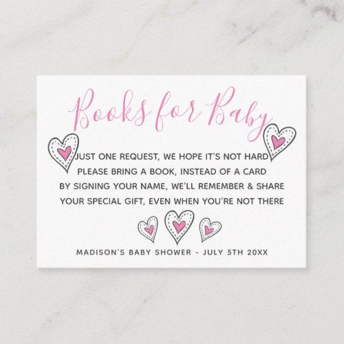 Books for Baby Pink Love Hearts Baby Shower Enclosure Card