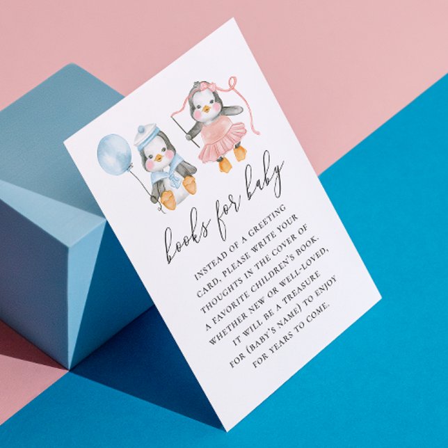 Books for Baby Request | Cute Penguins Baby Shower Enclosure Card (Creator Uploaded)
